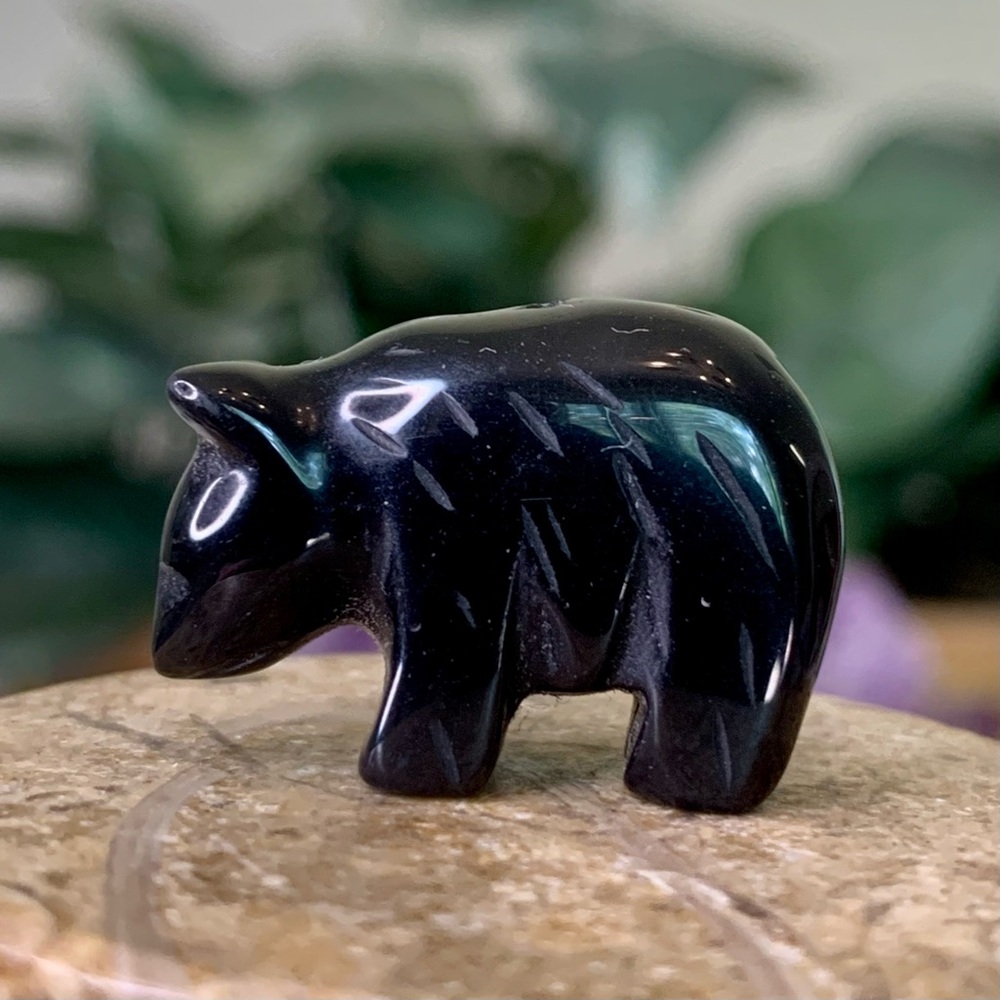 Vintage Carved Obsidian Black Bear Fetish Pendant Bead Detailed Drilled Mini .9"